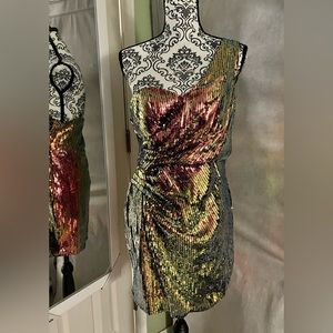 Exc Cond. Sequined One-Shoulder Party Dress, Sz. L